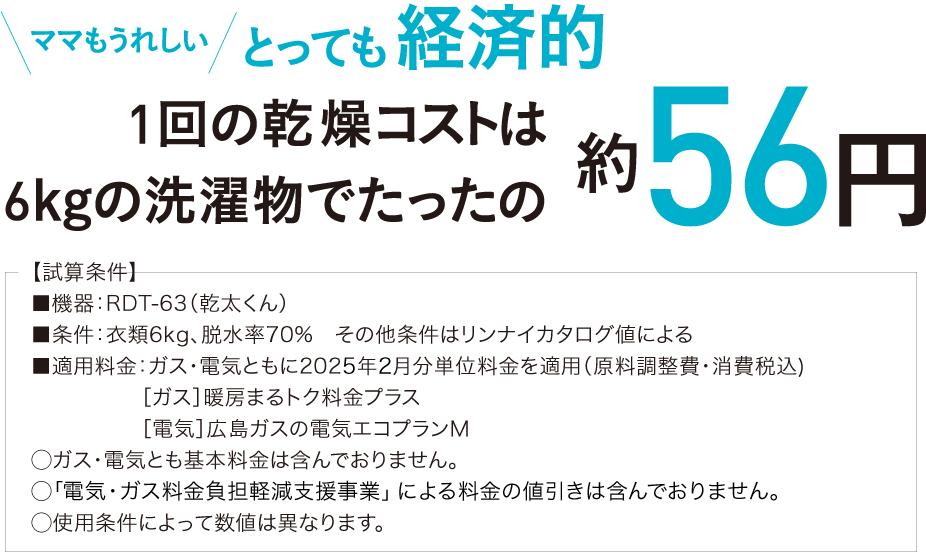1回の乾燥コストは6kgの洗濯物でたったの約56円
