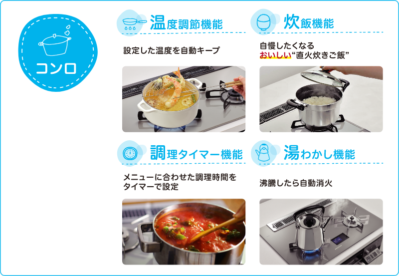 コンロ：温度調節機能・炊飯機能・調理タイマー機能・湯わかし機能